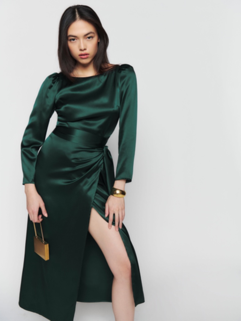 Reformation Cassis Silk Satin Long Sleeve Midi Dress In Green 100% Silk Size 2